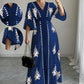 👗🔥 PROMO -34% ! Robe Longue Femme Col V Élégant Imprimé Ethnique – Manches Flottantes Cloche Gracieuses, Ceinture Taille Haute Silhouette Sablier, Fentes Latérales Liberté · Blanc & Bleu · S à 5XL ✨