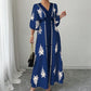 👗🔥 PROMO -34% ! Robe Longue Femme Col V Élégant Imprimé Ethnique – Manches Flottantes Cloche Gracieuses, Ceinture Taille Haute Silhouette Sablier, Fentes Latérales Liberté · Blanc & Bleu · S à 5XL ✨