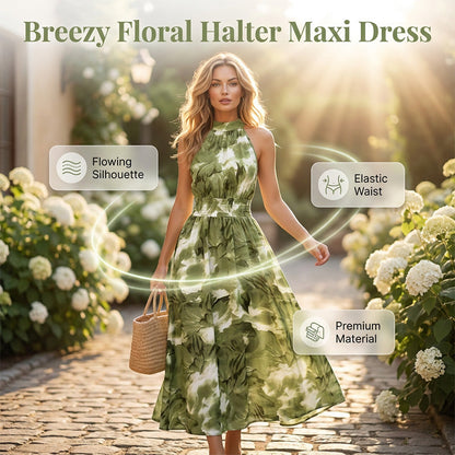 👗 PROMO LIMITÉE -50% ! ⏳ Robe Longue Halter Femme Imprimé Floral – Taille Smockée Extensible, Aquarelle Surdimensionnée, Fluide · 5 Coloris · S–XL EU 34-46 🌸 Été & Plage