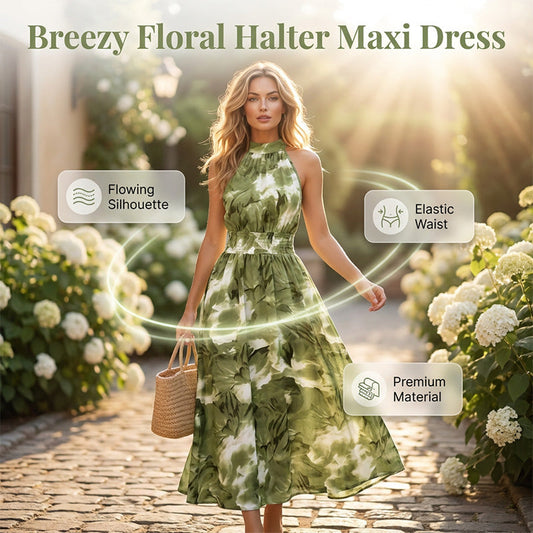 👗 PROMO LIMITÉE -50% ! ⏳ Robe Longue Halter Femme Imprimé Floral – Taille Smockée Extensible, Aquarelle Surdimensionnée, Fluide · 5 Coloris · S–XL EU 34-46 🌸 Été & Plage