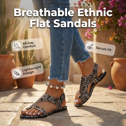 📢🔥 -50% ! Sandales Plates Ethniques Femme Style Mule – Tissu Imprimé Respirant Haut Gamme, Semelle Ergonomique Confort Prolongé, Semelle Antidérapante Durable · Coloré & Noir · 36 à 43 ✨