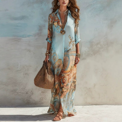 🌺🔥 -50% ! Robe Maxi Imprimé Rétro Bohème Femme – Silhouette Fluide Flatteuse Toutes Morphologies, Tissu Premium Respirant Léger Journées Chaudes, Col V Boutonnage Devant Polyvalent · Bleu Clair · XS-3XL ✨