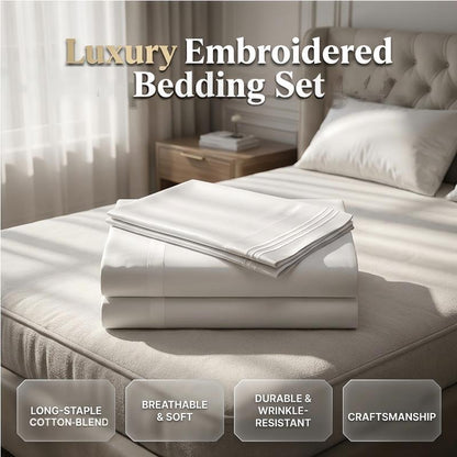🌙 -50% ! 🌸 Parure de Lit Européenne Brodée Luxe – Coton Mélangé – 16 Couleurs – Tailles Twin à Cal King – Drap Plat + Housse + Taies d’Oreiller 🛏️