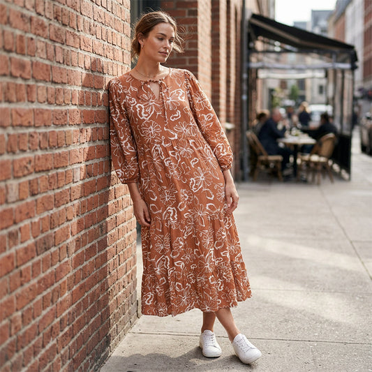 🌸🔥 -50% ! Robe Midi Femme Imprimé Floral Col V Élégante – Coupe Casual Intemporelle Toutes Morphologies Tombé Gracieux, Tissu Ultra-Léger Respirant Confort Journée, Polyvalente Plage Brunch Jardin · Orange · S-2XL ✨