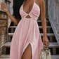🔥✨ PROMO FLASH -50% ! Robe Longue Femme Sexy Col V Été – Décolleté Plongeant, Découpe Taille, Fente Haute, Dos Nu Halter, Ourlet Fluide, 4 Coloris, Tailles S-XL