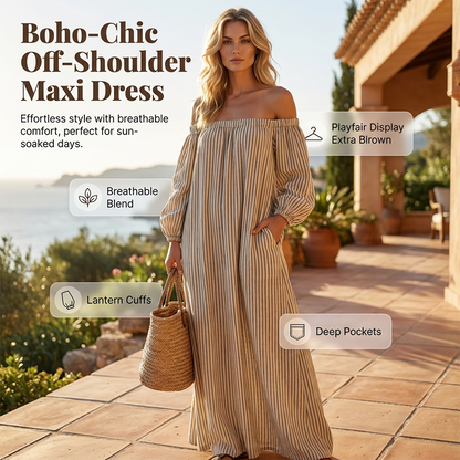 👗🌸 PROMO FLASH -50% MAINTENANT ! Robe Maxi Épaules Dénudées Femme – Manches Lanternes, Coupe Fluide, Poches, 2 Coloris, Tailles S-5XL, Idéale Soirées d'Été ✨🌿