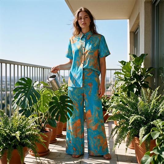 🔥✨ PROMO FLASH -50% ! Ensemble Top Manches Courtes & Pantalon Femme – Imprimé Tendance, Poches Latérales, Tissu Polyester Doux, Bleu Paon, Tailles S-2XL, Idéal Quotidien & Voyage