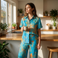🔥✨ PROMO FLASH -50% ! Ensemble Top Manches Courtes & Pantalon Femme – Imprimé Tendance, Poches Latérales, Tissu Polyester Doux, Bleu Paon, Tailles S-2XL, Idéal Quotidien & Voyage