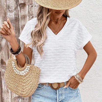 👚🏆 PROMO FLASH 50% ! Haut Élégant Manches Courtes Col V Femme – Texturé, Coupe Fluide, Tissu Mélangé Léger, Plusieurs Coloris, Tailles S-2XL ✨