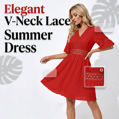 👗 PROMO LIMITÉE -50% ! ✨ Robe Chic à Col V avec Découpes en Dentelle – Jupe Plissée, Manches Volants, Tissu Respirant, 5 Coloris, Tailles S-XL 🌸