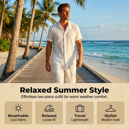 🎉 PROMO 2026 – DÉJÀ +50 000 VENTES ! 🎉 💞 Ensemble Homme 2 Pièces Texturé – Tissu Froissé Slub Respirant, Col Montant & Ceinture Élastique – Le Look Coordonné Sans Effort pour l’Été 👕👖✨