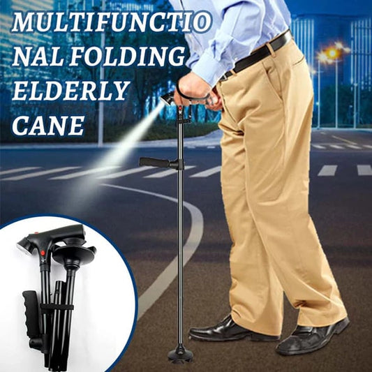 🧑‍🦳 -50% ! 🦯 Canne Pliante Multifonctionnelle – Alliage d’Aluminium – 5 Hauteurs Réglables (86-97 cm) – Éclairage LED & Bouton d’Alarme pour Sécurité des Seniors 🚨