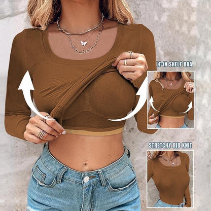 📢 PROMO LIMITÉE -50% ! ⏰ Top Côtelé Manches Longues avec Soutien-Gorge Intégré – Coupe Ajustée, Tissu Extensible Gainant, Tailles S-2XL 🍂