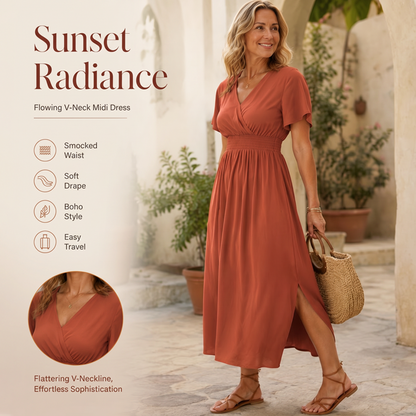 🌿 OFFRE LIMITÉE – 50% DE RÉDUCTION ! ☀️ Robe Respirante à Col V et Fente Latérale – Tissu Rayonne Doux, Coupe Maxi Fluide & Boutonnage Classique – Idéale pour les Jours Chauds, le Brunch et les Courses Quotidiennes 👒