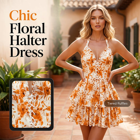 👗 OFFRE LIMITÉE – 50% DE RÉDUCTION ! 🌸 Robe Mini Imprimée Dos Nu à Nouer – Lacets Devant, Dos Smocké & Jupe à Volants Étagés – Parfaite pour l’Été et les Soirées ✨💃