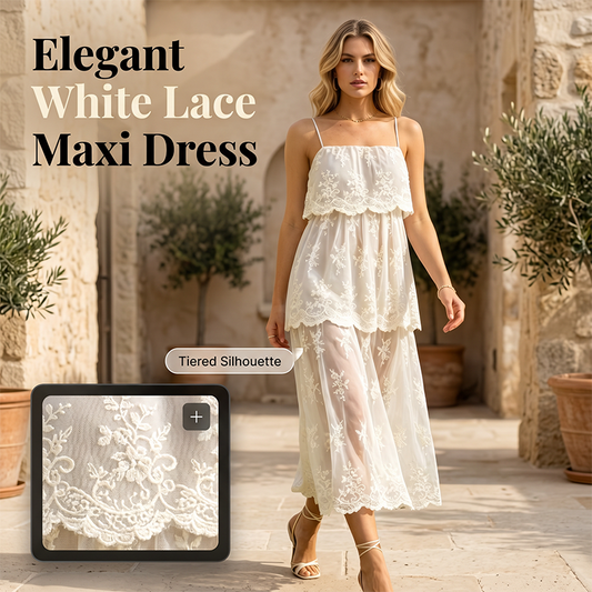 👗 50% DE RÉDUCTION ! ✨ Robe Maxi Élégante en Dentelle Blanche à Bretelles Spaghetti – Dentelle Florale, Silhouette à Volants & Tissu Respirant – Parfaite pour les Mariages et les Soirées d’Été 🌸💍