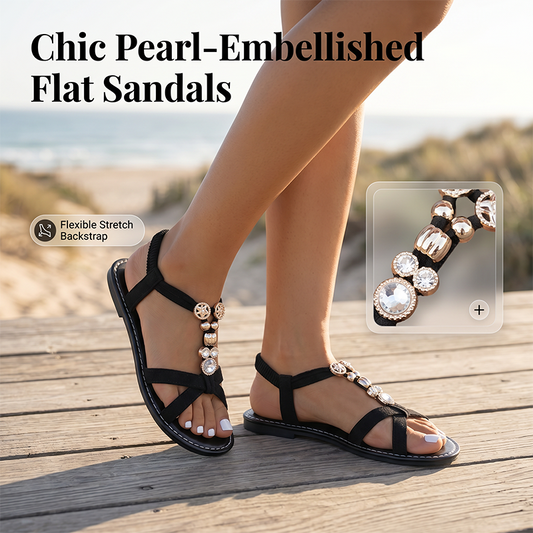 👡 50% DE RÉDUCTION ! ✨ Sandales Plates Femme avec Perles – Brides Douces, Semelle Flexible & Bride Élastique Arrière – Élégance Estivale et Confort Toute la Journée 🌸💎