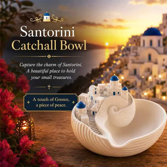 🌊 50% DE RÉDUCTION – DERNIER JOUR ! 🏺 Bol Santorin – Céramique Émaillée – Vagues Bleues & Village Miniature for Décoration