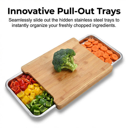 🔪 50% DE RÉDUCTION ! 🥗 Planche à Découper en Bois – Bois & Acier Inoxydable – Bacs Coulissants Intégrés for Cuisine