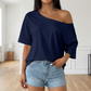 👕 50% DE RÉDUCTION ! ✨ T-Shirt Épaules Dénudées Femme – Coton – Coupe Ample & Encolure Asymétrique for Quotidien