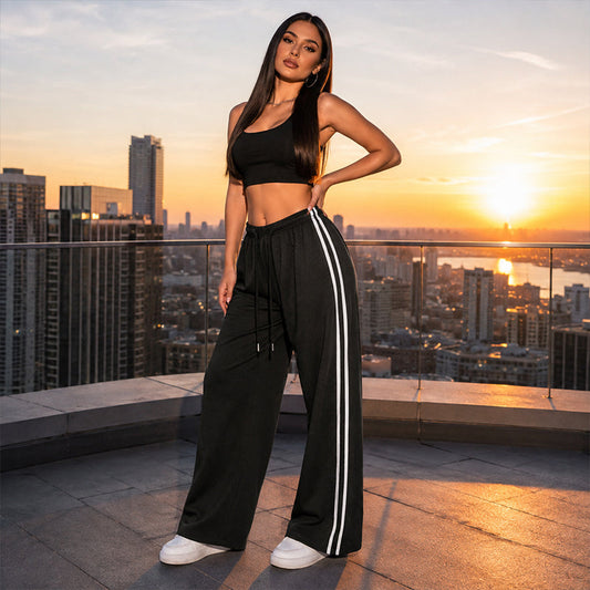 👖🌸 -50% ! ✨ Pantalon de Jogging à Rayures et Cordon – Mélange Premium – Coupe Taille Haute & Drapé Fluide pour Yoga, Voyage et Quotidien 🧘‍♀️