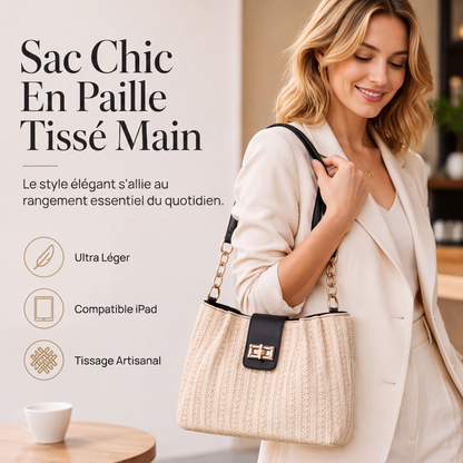 👜 -50% ! 🌾 Sac Bandoulière en Paille Spacieux – Cuir PU + Paille – Tressage Fait Main & Quincaillerie Dorée pour Trajets Quotidiens Chic ☀️