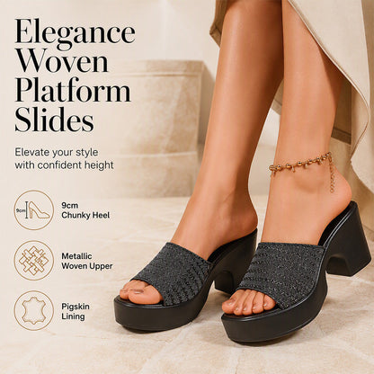 🌸 -50% MAINTENANT ! 🌸 Mules à Talons Compensés Tressés – Caoutchouc – Talon 9 cm & Texture Métallique Brillante pour Confort Élevé 👡