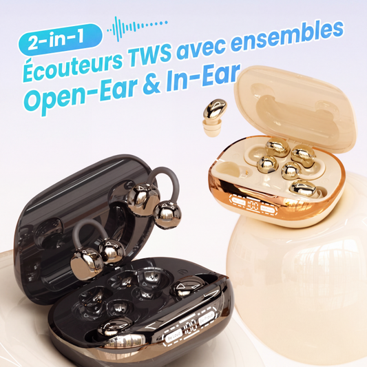 🎧 -50% ! 🔄 Écouteurs TWS 2-en-1 avec Kits Oreille Ouverte et Intra-Auriculaires – Bluetooth 6.0 & Audio Directionnelle pour Sport et Sommeil 🏃💤