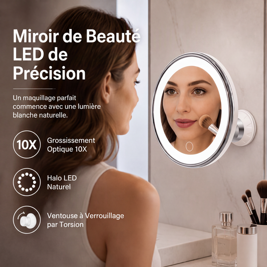 🔍 Miroir grossissant 10x avec LED – Anneau lumineux, ventouse sans perçage, rotule 360° – Double alimentation (USB/piles) – Idéal pour maquillage et soins du visage ✨