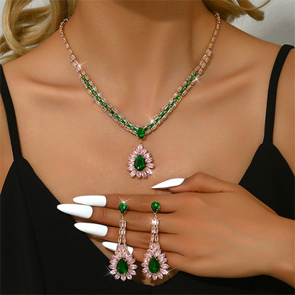 💎 -50% ! ✨ Parure de Bijoux en Zircon – Collier + Boucles d’Oreilles Pendantes – Cuivre & Zircone Cubique – Rose et Vert pour Mariages et Soirées 👗