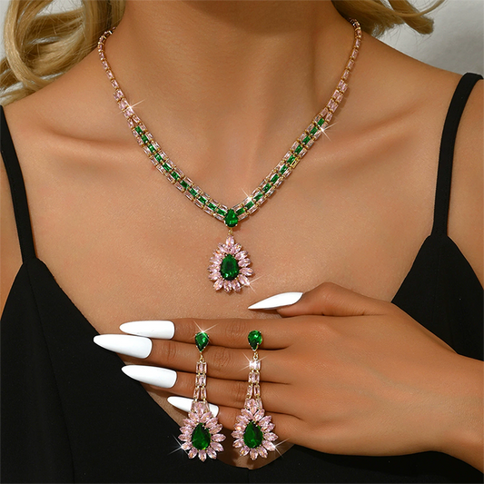 💎 -50% ! ✨ Parure de Bijoux en Zircon – Collier + Boucles d’Oreilles Pendantes – Cuivre & Zircone Cubique – Rose et Vert pour Mariages et Soirées 👗