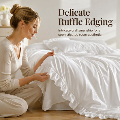 🛏️ -50% ! 🌸 Parure de Lit 4 Pièces Unie avec Bordures Volantées – Microfibre Premium – 9 Coloris – Tailles S/SD/D – Housse + Draps + Taies d’Oreiller 🎀