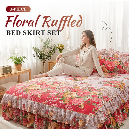 🌸 -50% ! 🛏️ Cache-Sommier 3 Pièces à Fleurs et Volants – Mélange Coton Haute Densité – 5 Tailles – Jupe de Lit + 2 Taies d’Oreiller pour Chambre 🌷