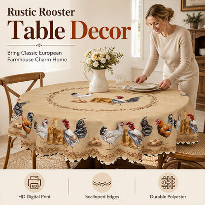 🐔 -50% ! 🌻 Nappe à Motif de Coq Style Champêtre Rétro – Polyester – Bordures Festonnées – 9 Tailles – Pour Cuisine et Mariage Rustique 🏡