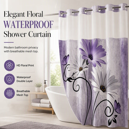 🚿 -50% ! 🌸 Rideau de Douche Double Couche à Œillets Imprimé Élégant – Polyester – 183×190,5 cm – Motif Floral Anti-Éclaboussures pour Salle de Bain 🛁