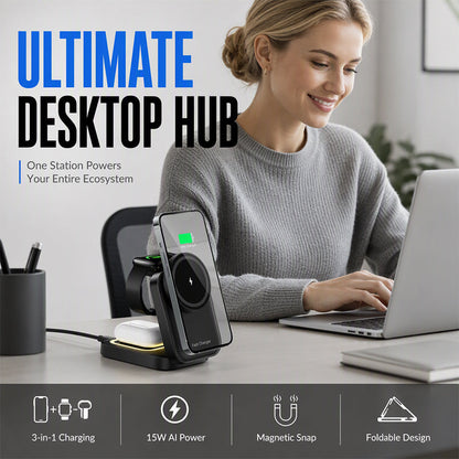🎉 -50% ! 📱 Station de Charge Sans Fil 3-en-1 Pliable – 15W – Charge Téléphone, Montre & Écouteurs – Aimants N52 – Blanc/Noir – Bureau Net ✨