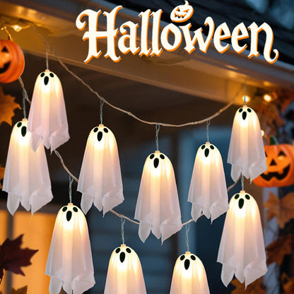🎃 -50% ! 👻 Guirlande Lumineuse Fantômes Halloween – Polyester – 2,75 m – 10 Fantômes Lumineux – 8 Modes d’Éclairage – Télécommande – IP44 – Blanc Chaud 🕸️