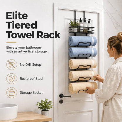 🚪 -50% ! 🛁 Porte-Serviettes sur Porte avec Étagère – Acier Carbone – Finition Mate Anti-Rouille – Sans Perçage – Organisation Salle de Bain Verticale 🏠