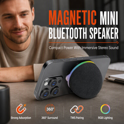 📢 -50% OFF !! ⏰ Mini Enceinte Bluetooth Magnétique – ABS – Ø60×37 mm – 87 g – 600 mAh – 15 m – Lumière RGB – Gris – Fixation Mains Libres 🎵