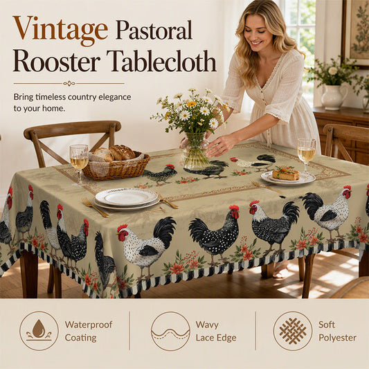🐓 PROMO FLASH : 50% DE RÉDUCTION ! 🌿 Nappe Rustique Vintage à Motif Coq – Imperméable & Anti-Taches – Polyester Haute Densité – Bordures Dentelle Festonnée – Charme Pastoral Authentique 🏡