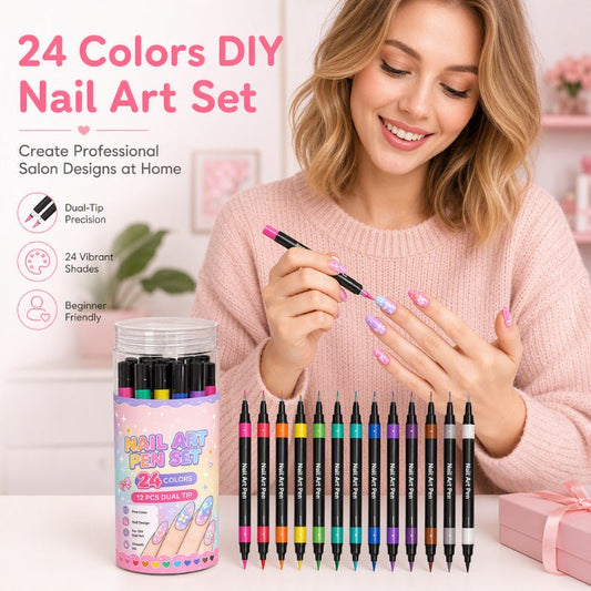 💅 PROMO FLASH : 50% DE RÉDUCTION ! ⏰ Set de 12 Stylos Nail Art Double Pointe – 24 Couleurs Vives – Pointe Fine & Pinceau for Manucure DIY 🎨