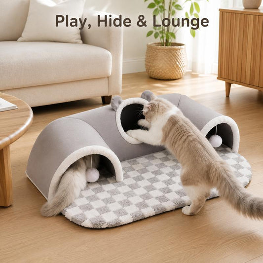 🐱 PROMO FLASH : 50% DE RÉDUCTION ! 🕳️ Tunnel & Lit 3-en-1 en Peluche pour Chat – Tapis Carreaux & Pompons Interactifs – Fermeture Éclair for Jeu & Sieste 🔮