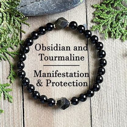 📿 PROMO FLASH : 50% DE RÉDUCTION ! Bracelet en Obsidienne Naturelle – Perles Polyédriques & Séparateurs Dorés, Élastique – 18 cm for Protection Énergétique ✨