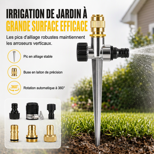 Arroseur de pelouse rotatif automatique avec piquet de sol en alliage et buse en cuivre, ensemble d'outils d'irrigation de jardin