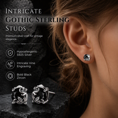 ⏳ PROMO FLASH : 50% DE RÉDUCTION ! Boucles d'Oreilles Clou Gothiques – Argent S925 Hypoallergénique, Motif Vigne Gravée & Zircon Cubique Noir for un Style Sombre Mystérieux et Élégant ✨🖤