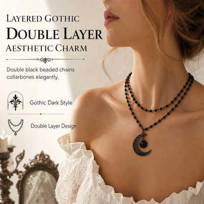 🌙 PROMO FLASH : 50% DE RÉDUCTION ! Collier Gothique – Perles Cristal Noir Double Couche & Pendentif Lune Ajourée en Alliage de Zinc for une Élégance Sombre et Mystérieuse ✨🖤