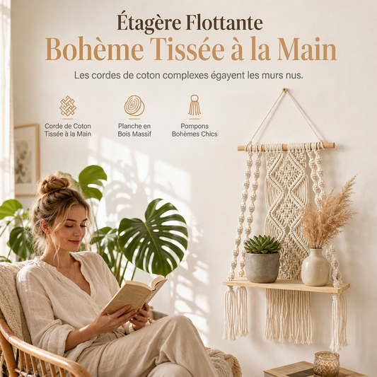 ⏳ Offre spéciale à durée limitée ⏰ Étagère murale flottante en macramé tissé à la main style bohème, pour livres et plantes, décoration de salon