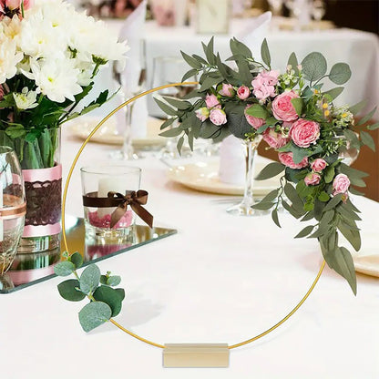 ✨ Centre de Table Floral en Métal Doré avec Socle en Bois et Guirlande LED – Décoration Élégante pour Mariages & Événements