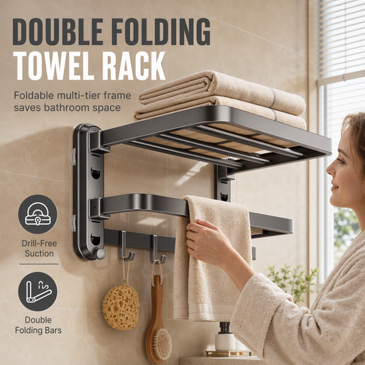 PROMO FLASH : 50% DE RÉDUCTION ! Porte-Serviettes Double Pliable Sans Perçage & Étagère Murale avec Crochets – Aluminium Résistant à la Corrosion, Fixation par Ventouses for une Salle de Bains Gain de Place et Sans Travaux ✨