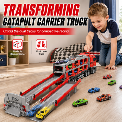 🏎️🛤️ PROMO FLASH : 50% DE RÉDUCTION ! Camion Transporteur Éjecteur Transformable en Circuit de Course 207 cm – Double Piste, Lanceur Mécanique & Mini Voitures en Alliage for des Duels Palpitants sans Pile ni Écran ✨